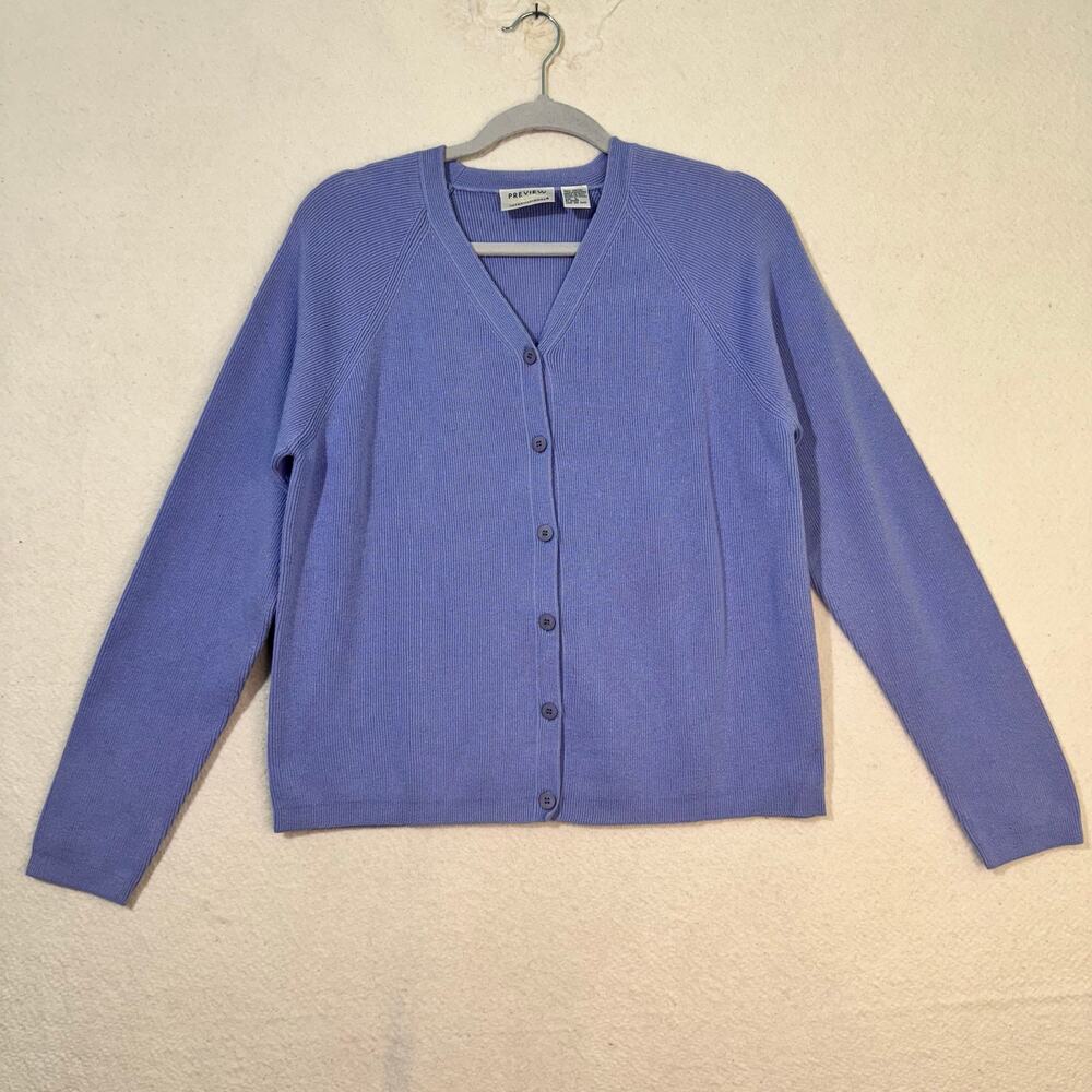 Preview VNeck Long Sleeve Lavender Cotton Knit Ribbed Cardigan Sweater Large VTG